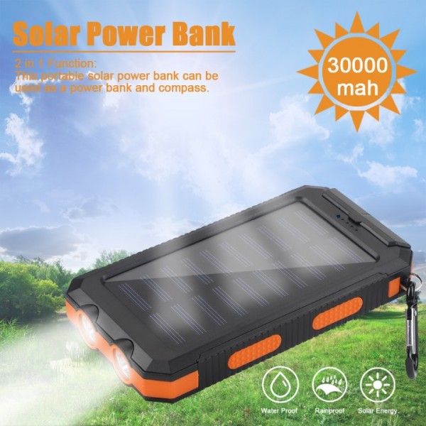 30000mAh Solar Power Bank - Waterproof Portable Charger with Dual USB & LED Light for Outdoor Camping & Emergency