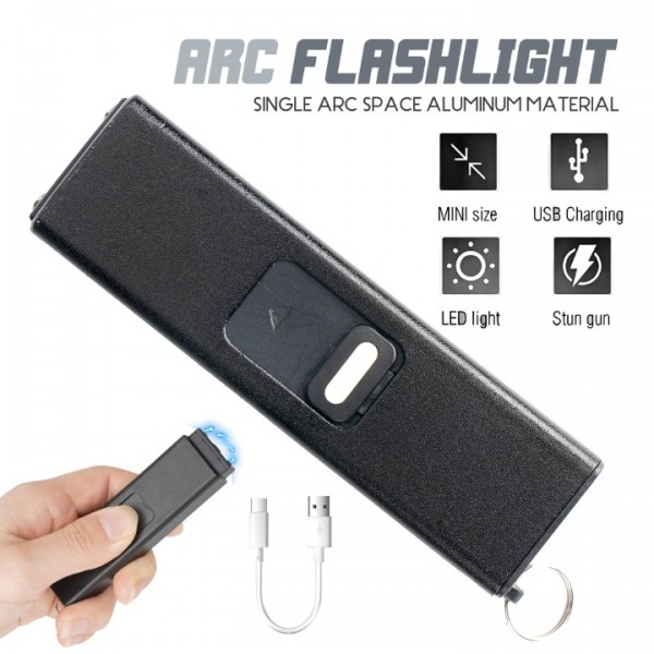 3-in-1 Arc Lighter with Flashlight & Electric Shock Defense – Rechargeable, Compact & Portable with Keychain Loop