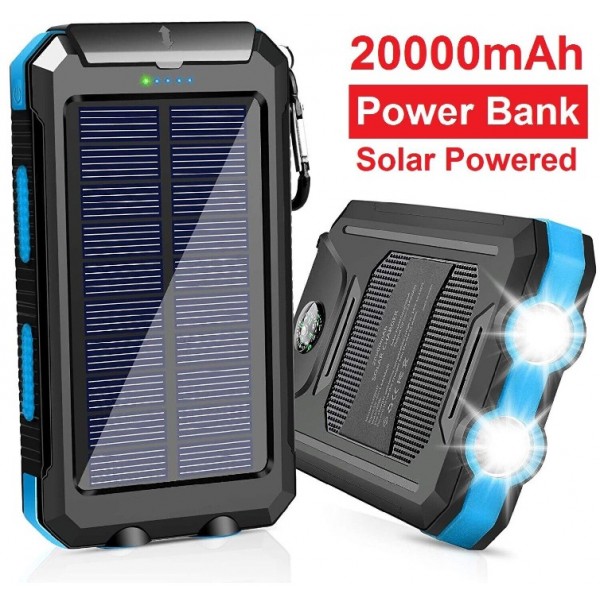 20000mAh Solar Power Bank – Portable Rechargeable Battery Charger with 2 USB Ports & LED Light for Phones
