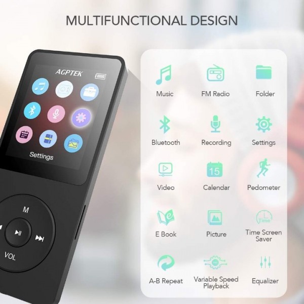 Bluetooth MP3 Player mit LCD-Display – HiFi-Klang & Bass Boost, FM-Radio, 16GB Speicher (erweiterbar) – Tragbarer Musikplayer mit Kopfhöreranschluss & langer Akkulaufzeit