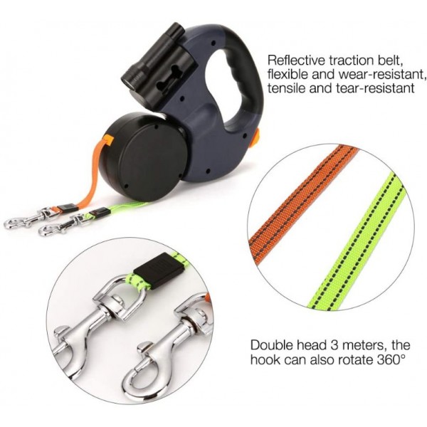 Double Retractable Dog Leash - 3M (10ft) LED Lighted Leash for Two Dogs, Flexible & Tangle-Free with Safety Light