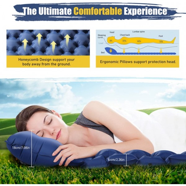 bedee Double Size Inflatable Air Mattress - Outdoor Camping Sleeping Pad with Built-in Pillows & Foot Pump | Portable Quick Inflation