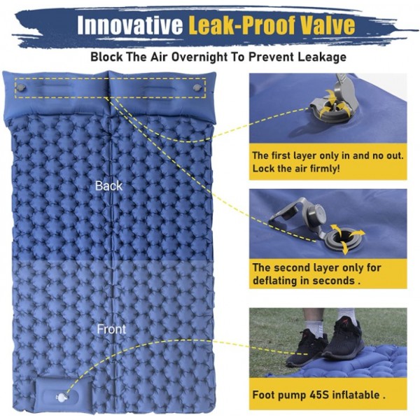bedee Double Size Inflatable Air Mattress - Outdoor Camping Sleeping Pad with Built-in Pillows & Foot Pump | Portable Quick Inflation