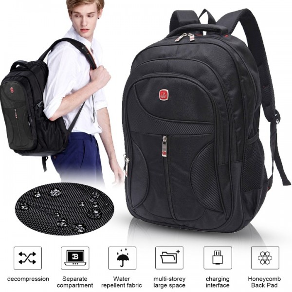Herren Rucksack Wasserdicht – Sport, Arbeit, Freizeit & Schule – Leichter Wanderrucksack mit Laptopfach – Schwarz
