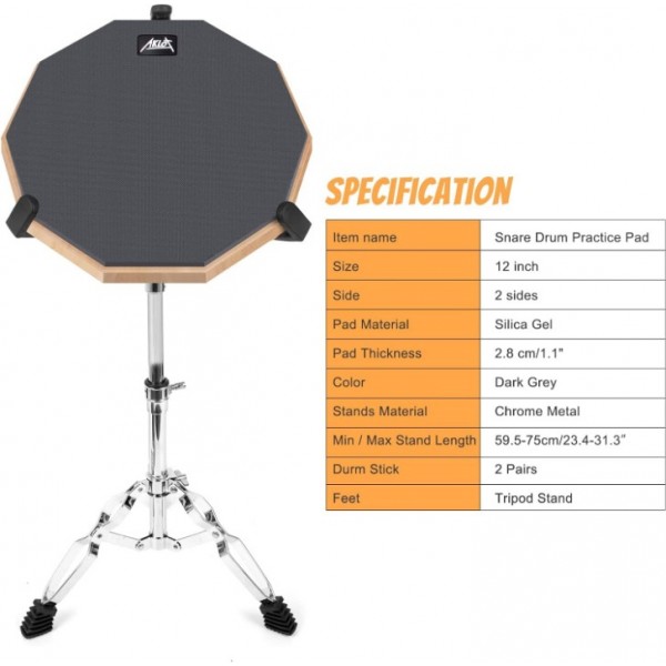 12 Inch Drum Practice Pad Set with Stand Bag