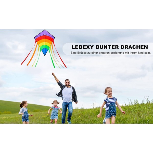 Regenbogen Einleiner Flugdrachen für Kinder und Erwachsene mit 80m Drachenschnur