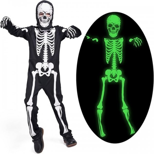 Kids Glow-in-the-Dark Skeleton Costume with Hood and Gloves