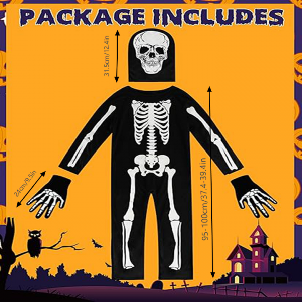 Kids Glow-in-the-Dark Skeleton Costume with Hood and Gloves