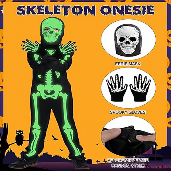 Kids Glow-in-the-Dark Skeleton Costume with Hood and Gloves