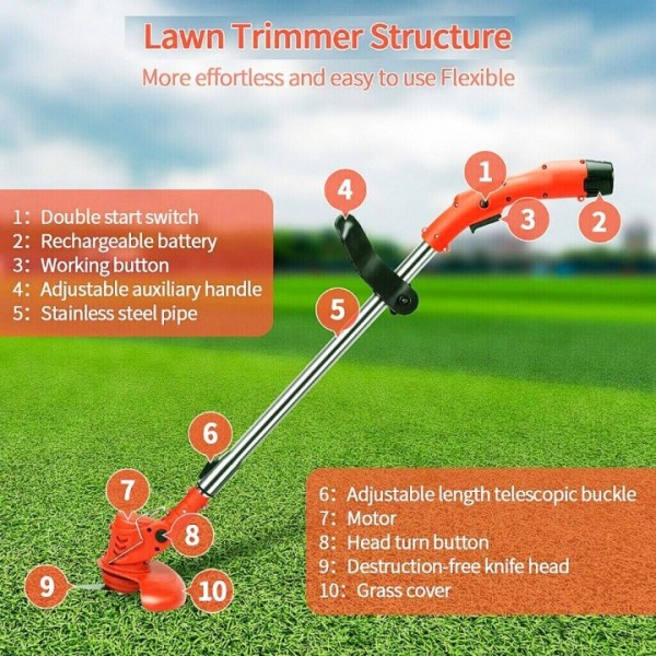 Elektro-Rasentrimmer mit Unkrautbürste & 2x 3000mAh Akku - Kabelloser Freischneider inkl. Ladegerät - Leicht & Leistungsstark für Gartenarbeit