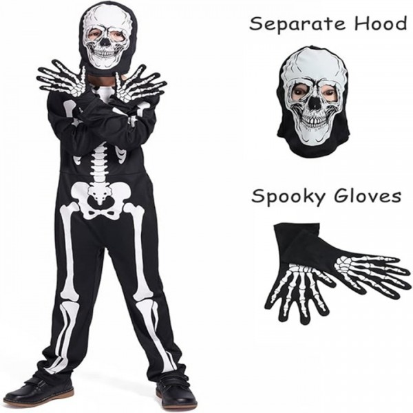 Kids Glow-in-the-Dark Skeleton Costume with Hood and Gloves