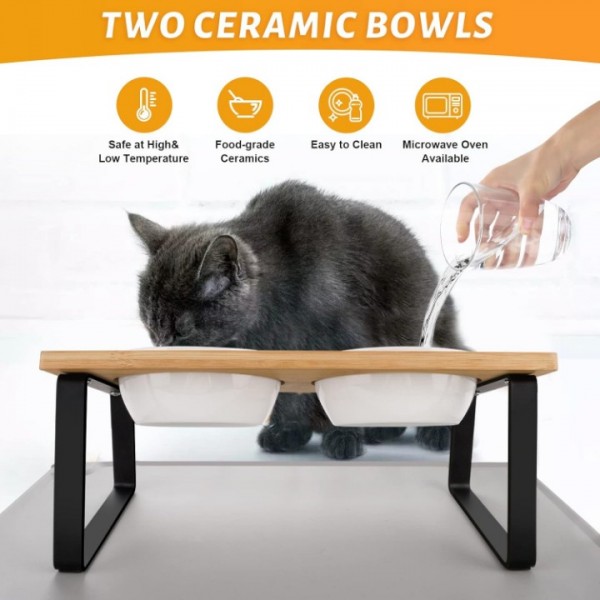 Raised Cat Bowl Ceramic Feeding Bowl with Silicone Bowl Mat