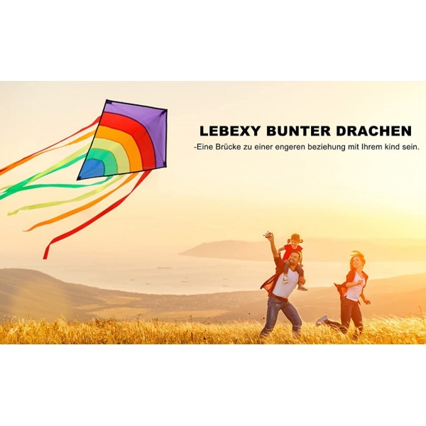 Regenbogen Einleiner Flugdrachen für Kinder und Erwachsene mit 80m Drachenschnur