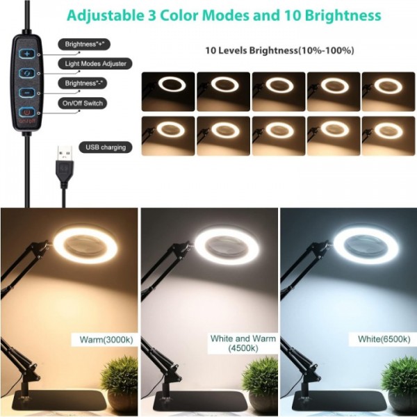 8X LED Magnifying Desk Lamp with Adjustable Arm USB