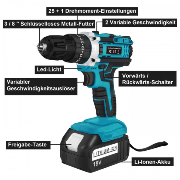 Für Makita Akku-Schlagbohrschrauber 18V Akkuschrauber Set in Koffer Mit 2 Akkus