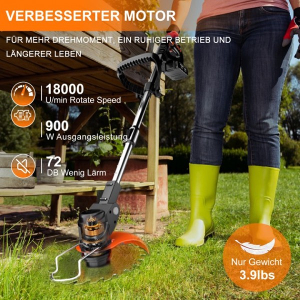 900W Akku-Rasentrimmer mit 2 Akkus & Ladegerät – Kabelloser Freischneider & Motorsense für hohes Gras – Leicht & Leistungsstark mit Metall-Messer