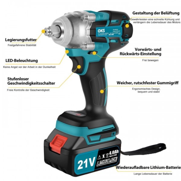 21V Cordless Impact Wrench 650N.m High Torque Power Tool