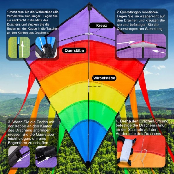 Regenbogen Einleiner Flugdrachen für Kinder und Erwachsene mit 80m Drachenschnur