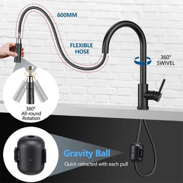Schwarz Küchenarmatur Ausziehbar Brause Wasserhahn Küche 360° Spültischarmatur