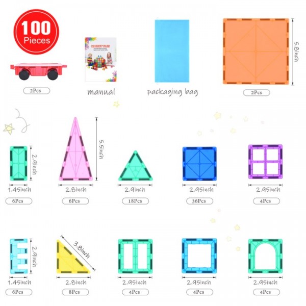 100Pcs Magnetic Building Tiles Set Kids Creative 3D Educational Construction Toy