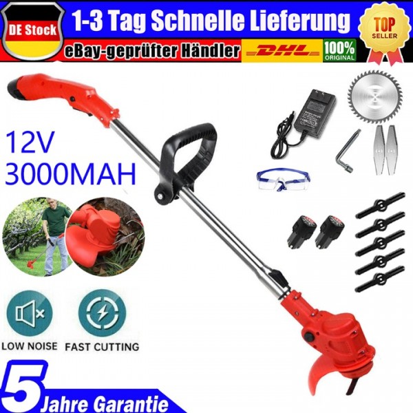 Elektro-Rasentrimmer mit Unkrautbürste & 2x 3000mAh Akku - Kabelloser Freischneider inkl. Ladegerät - Leicht & Leistungsstark für Gartenarbeit