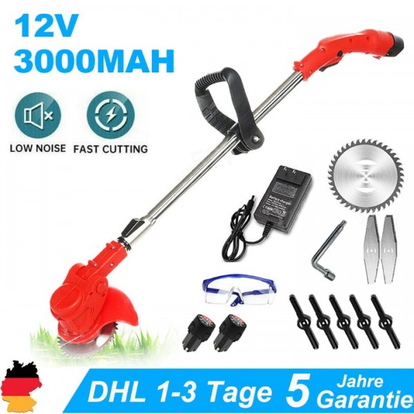 Elektro-Rasentrimmer mit Unkrautbürste & 2x 3000mAh Akku - Kabelloser Freischneider inkl. Ladegerät - Leicht & Leistungsstark für Gartenarbeit