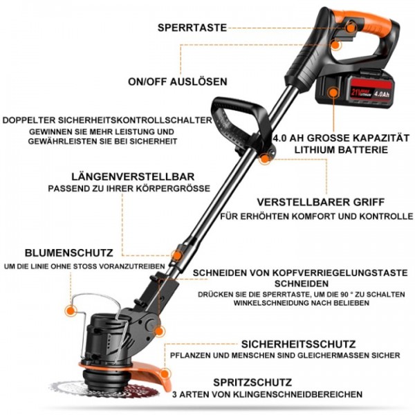 900W Akku-Rasentrimmer mit 2 Akkus & Ladegerät – Kabelloser Freischneider & Motorsense für hohes Gras – Leicht & Leistungsstark mit Metall-Messer