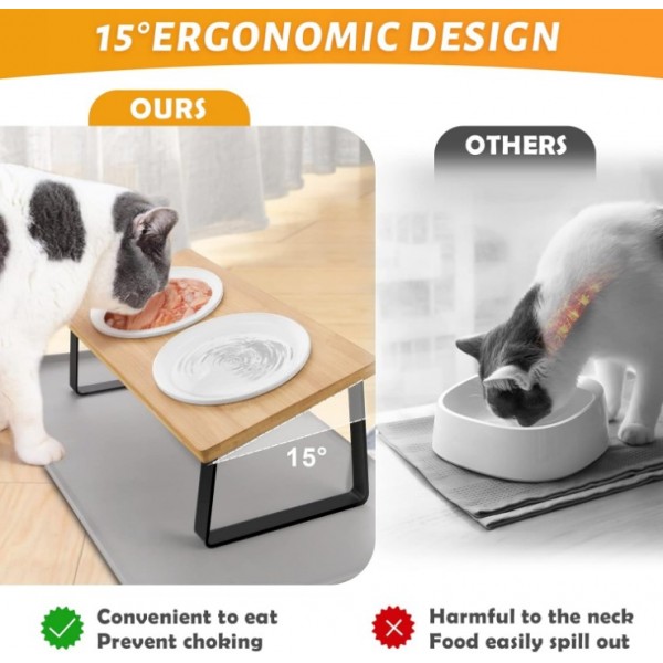 Raised Cat Bowl Ceramic Feeding Bowl with Silicone Bowl Mat