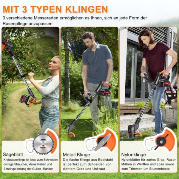 900W Akku-Rasentrimmer mit 2 Akkus & Ladegerät – Kabelloser Freischneider & Motorsense für hohes Gras – Leicht & Leistungsstark mit Metall-Messer