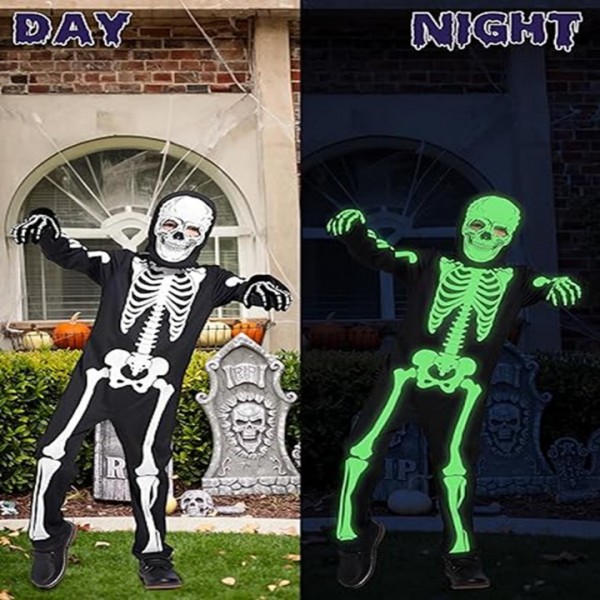 Kids Glow-in-the-Dark Skeleton Costume with Hood and Gloves