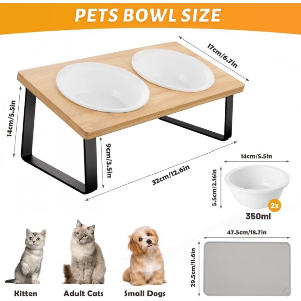 Raised Cat Bowl Ceramic Feeding Bowl with Silicone Bowl Mat